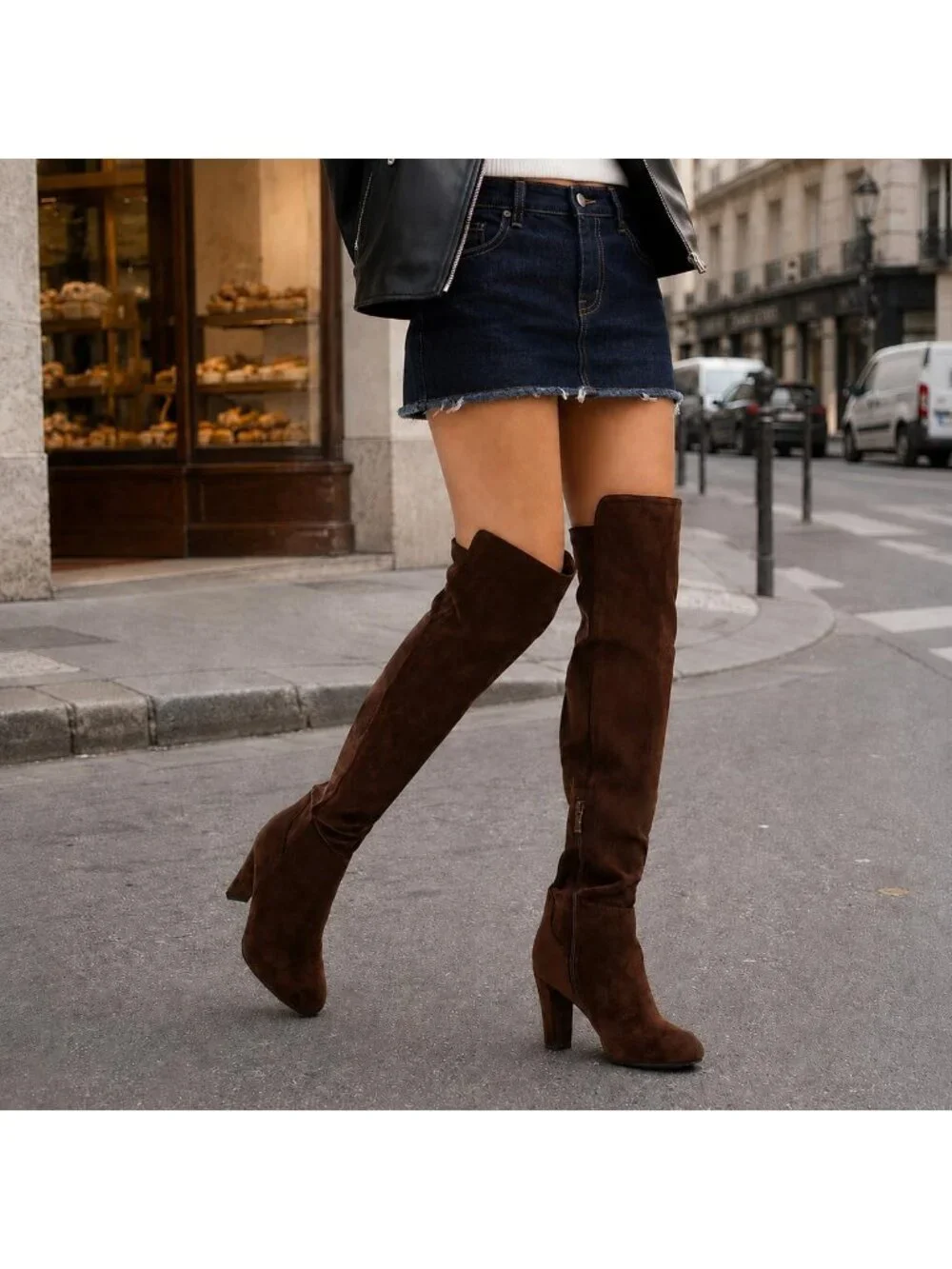 Women's Chocolate Faux Suede Chunky Heel Stretch Over The Knee Thigh High Boots